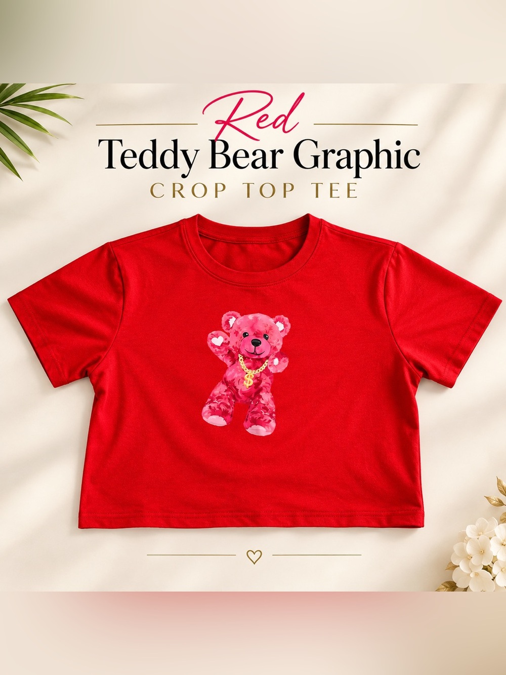 Red Teddy Bear Graphic Crop Top Tee - Women’s